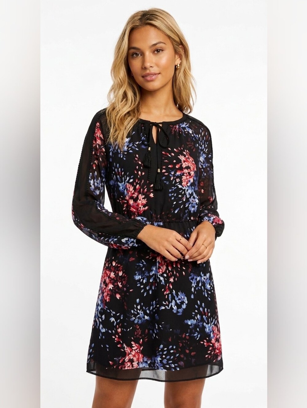 White House Black Market Black Floral Tie-Neck Long Sleeve Dress Size 4P